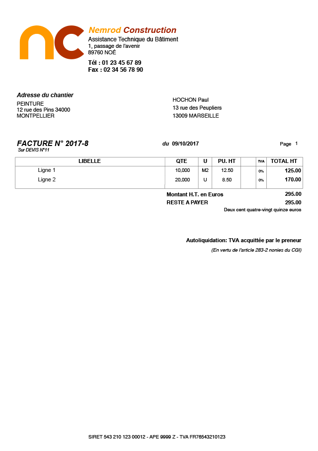 Exemple facture autoliquidation